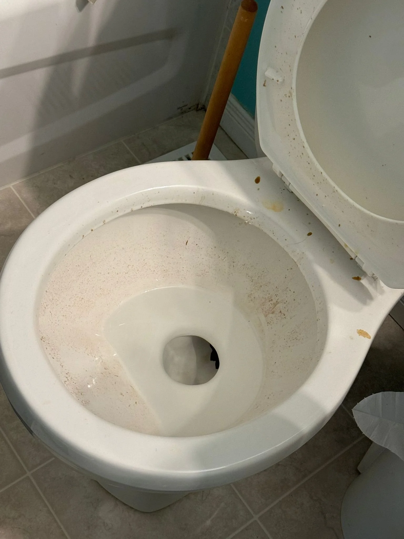 The toilet bowl is dirty with dirt and stains inside, with some debris visible around the rim and on the seat lid. The toilet seat is lifted, and the lid is slightly closed.