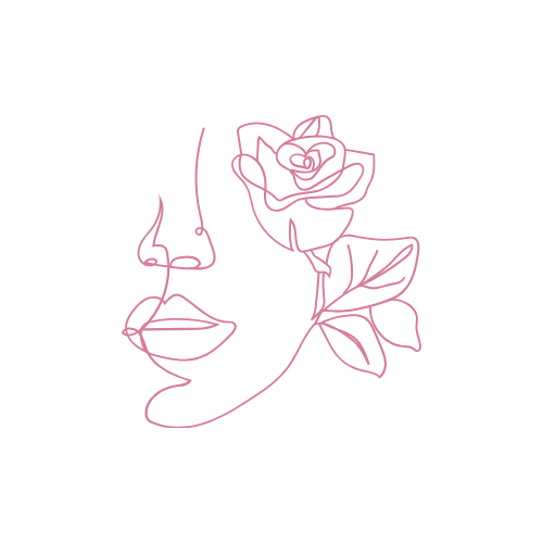 Minimalist line drawing of a woman's face with a rose.