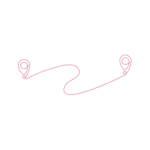 A pink arrow showing a curved path from one location marker to another on a black background.