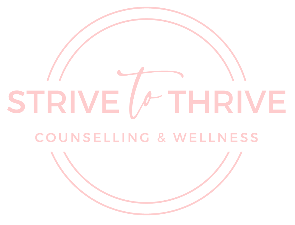 Logo for Strive to Thrive Counseling & Wellness, with the text in pink on a black background, featuring two concentric circles.