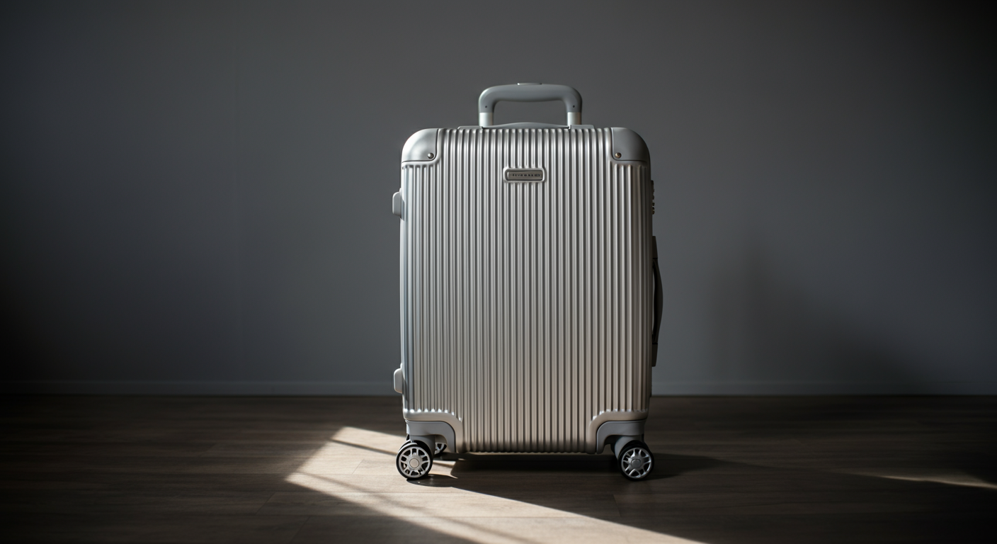 A silver hard-shell rolling suitcase standing alone on a wooden floor, with light shining on it and a dark background.