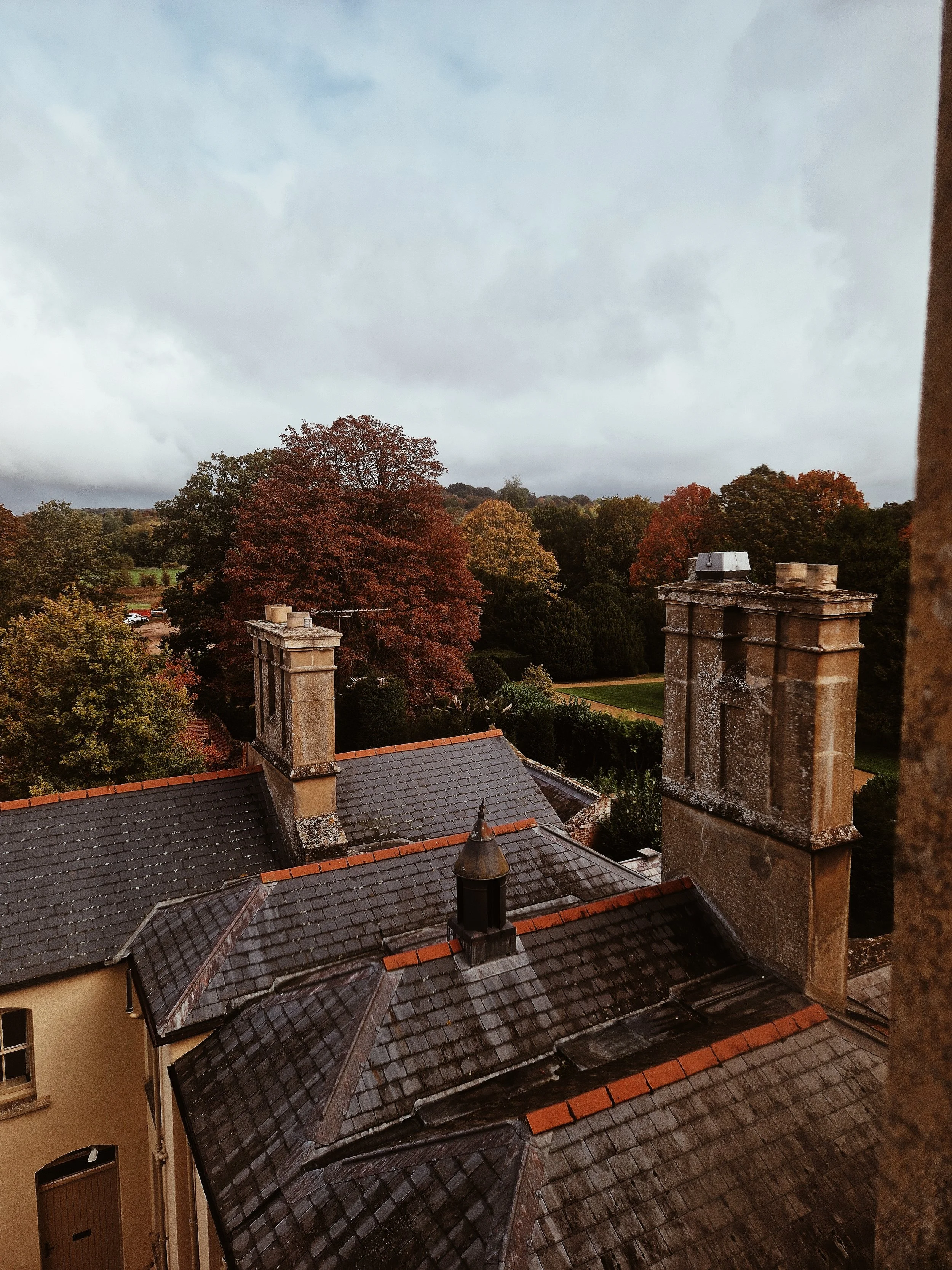 View of a rooftop with clay tiles, two large chimneys, and surrounding trees with fall foliage under a cloudy sky.