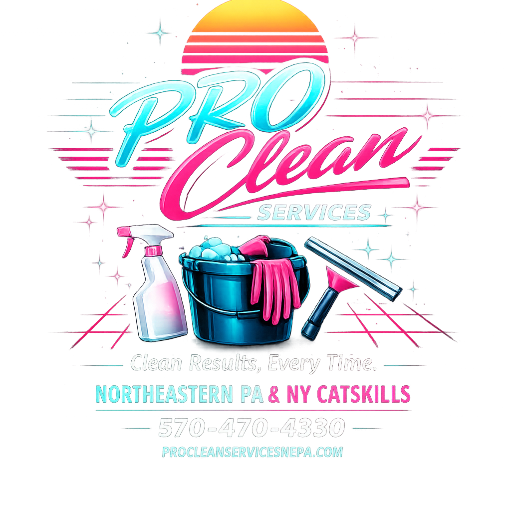 Neon-style advertisement for Pro Clean Services featuring cleaning supplies like a spray bottle, gloves, a bucket of cleaning products, and a squeegee. The text highlights cleaning services in Northeastern Pennsylvania and New York, with contact information.