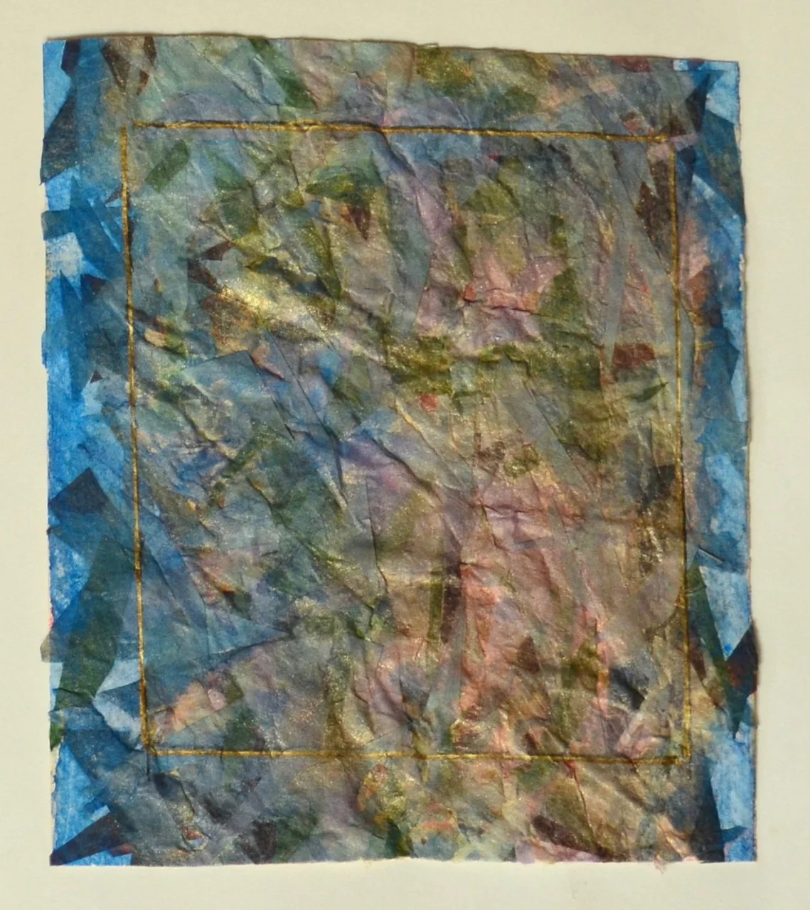 Eden; Collage Art 5"x6" in geometric patterns and layers of shades of blue, borwn/green, and even pink coming through.