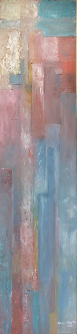 Rosie Watching; Oil on Canvas 72"x24" Major Work by abstract artist Diam Martin Benson in blues, pinks, and whites. 1986.