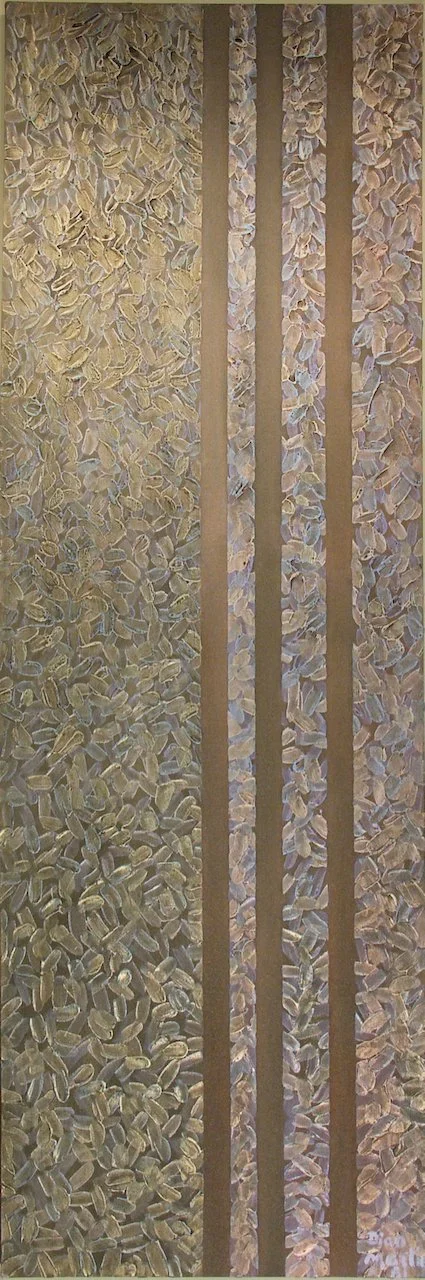 State of Grace; Oil on Canvas 72"x24" Major Work by abstract artist Diam Martin Benson in Metallic and brown tones. 1981