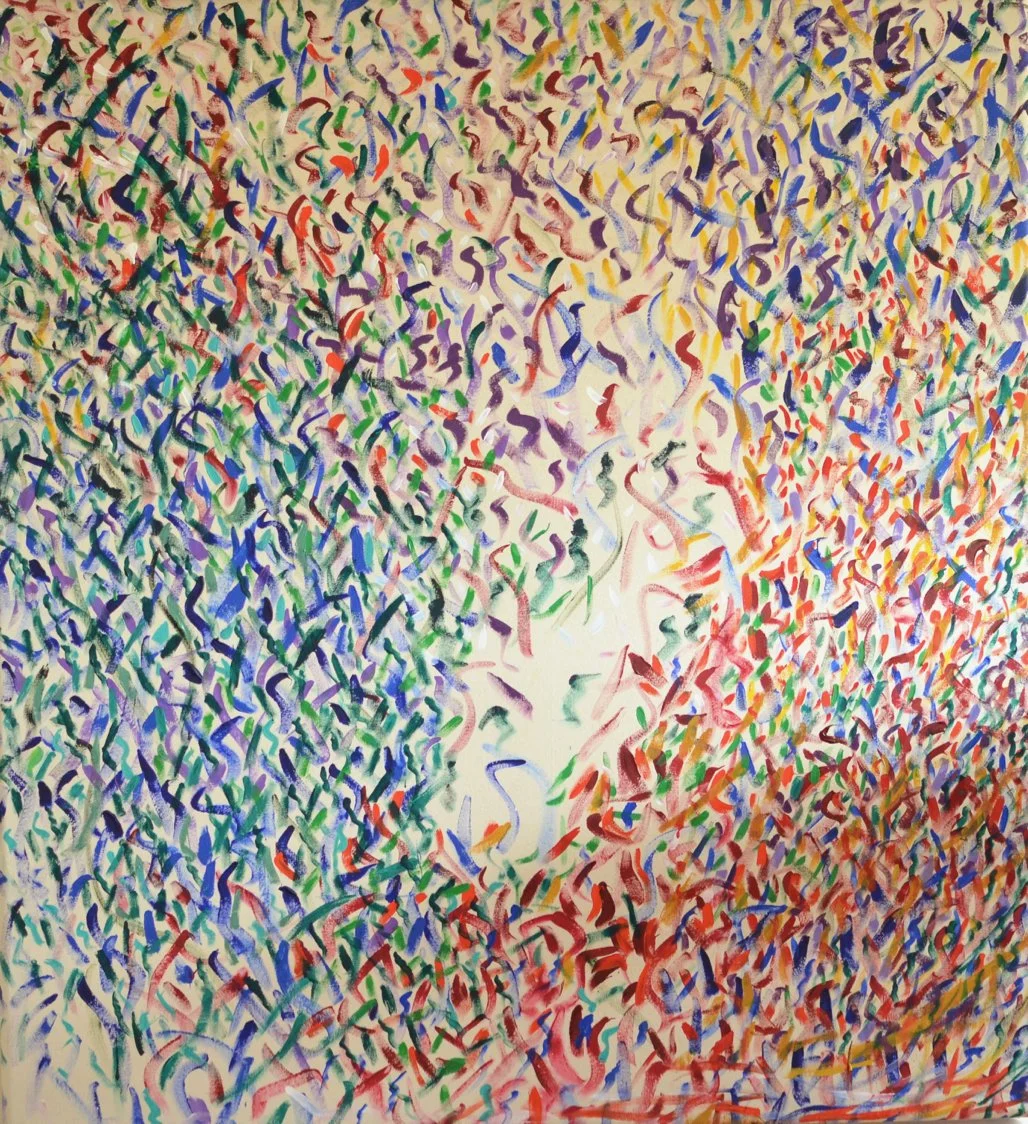 Light in the Meadow; Acrylic on Canvas 78"x70". Colorful and chaotic large scale abstract art piece. 1987.