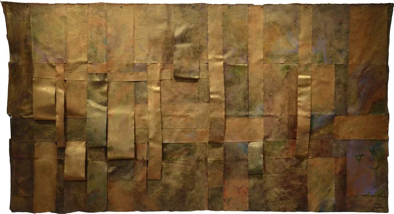 Meadow Rights is a woven abstract painting in metallic earthy shades; gold, brown, green, and touches of purple and blue. Paihnted by abstract artist Dian Martin Benson of Chatham
