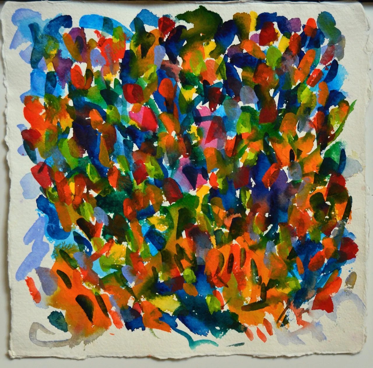 A saturated small watercolor piece in abstract strokes and layers brush strokes by abstract feminist artistt Dian Martin Benson.