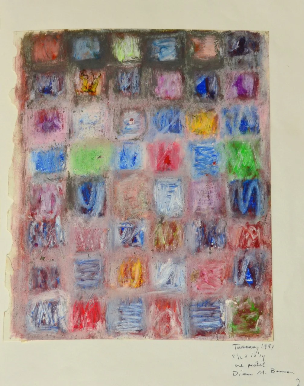 Tuscany; Oil Pastel 8.5"x10.25" An abstract grid of playful chaos in muted tones of oil pastel