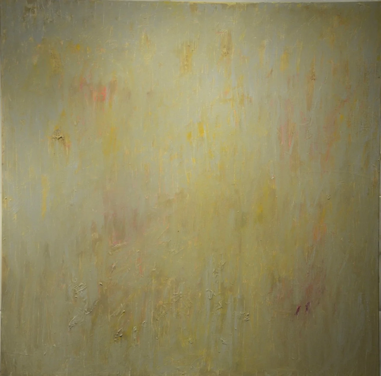 Remembering and Forgetting; Oil on Canvas 48"x48". For Frank; a memorium for Dian's late husband, she painted this abstract piece in subdued shades with hints of color layered underneath.