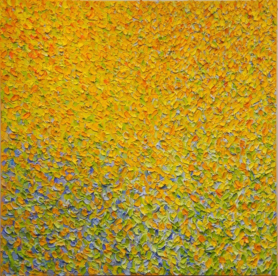 Arles; Oil on Canvas 30"x30" Abstract art piece with layered paint in shades of orange, yellow, lime, and blue. 2008