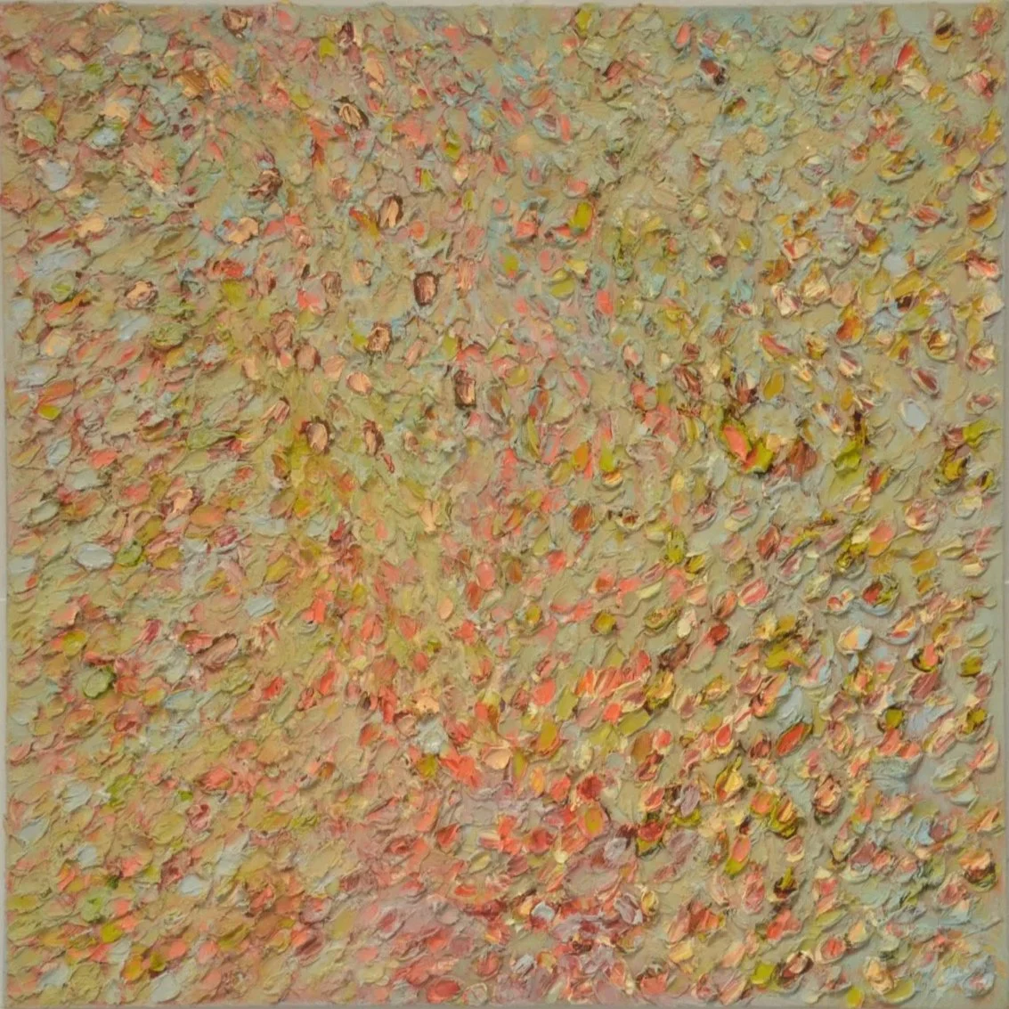 Tidal Pool/Little Stream; Oil on Canvas 24"x24". Subdued, soft shades of chartruese and celandine layer with mauve, pink, and white paint. 2010.