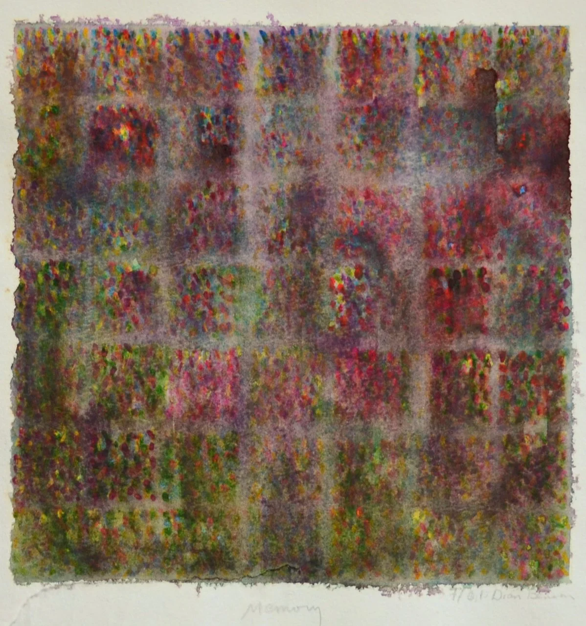 Memory; Small Watercolor. Tiny Watercolor details bleed into muted tones of mauve and green, subtly separated into a psuedo-grid. 2001