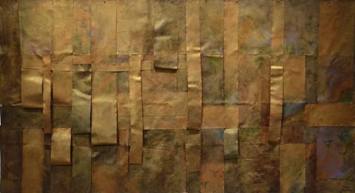 Meadow Rights is a woven abstract painting in metallic earthy shades; gold, brown, green, and touches of purple and blue. Paihnted by abstract artist Dian Martin Benson of Chatham