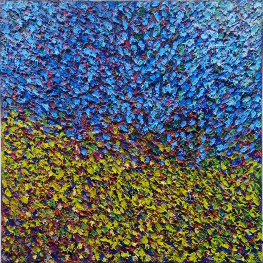 One Day; Oil on Canvas 30"x30" Highly textured painting, layered with lime and blue tones. 2009.