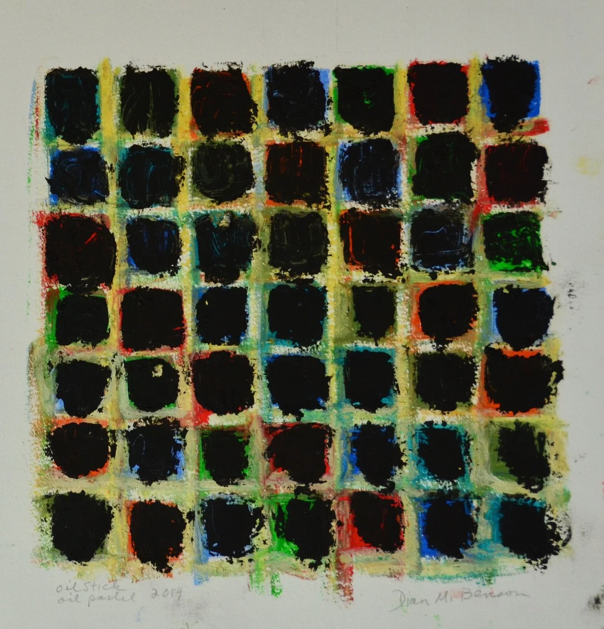 A grid of black oil stick smudges over a colorful oil pastel work, bright shades of green, red, and blue coming through the black layers.