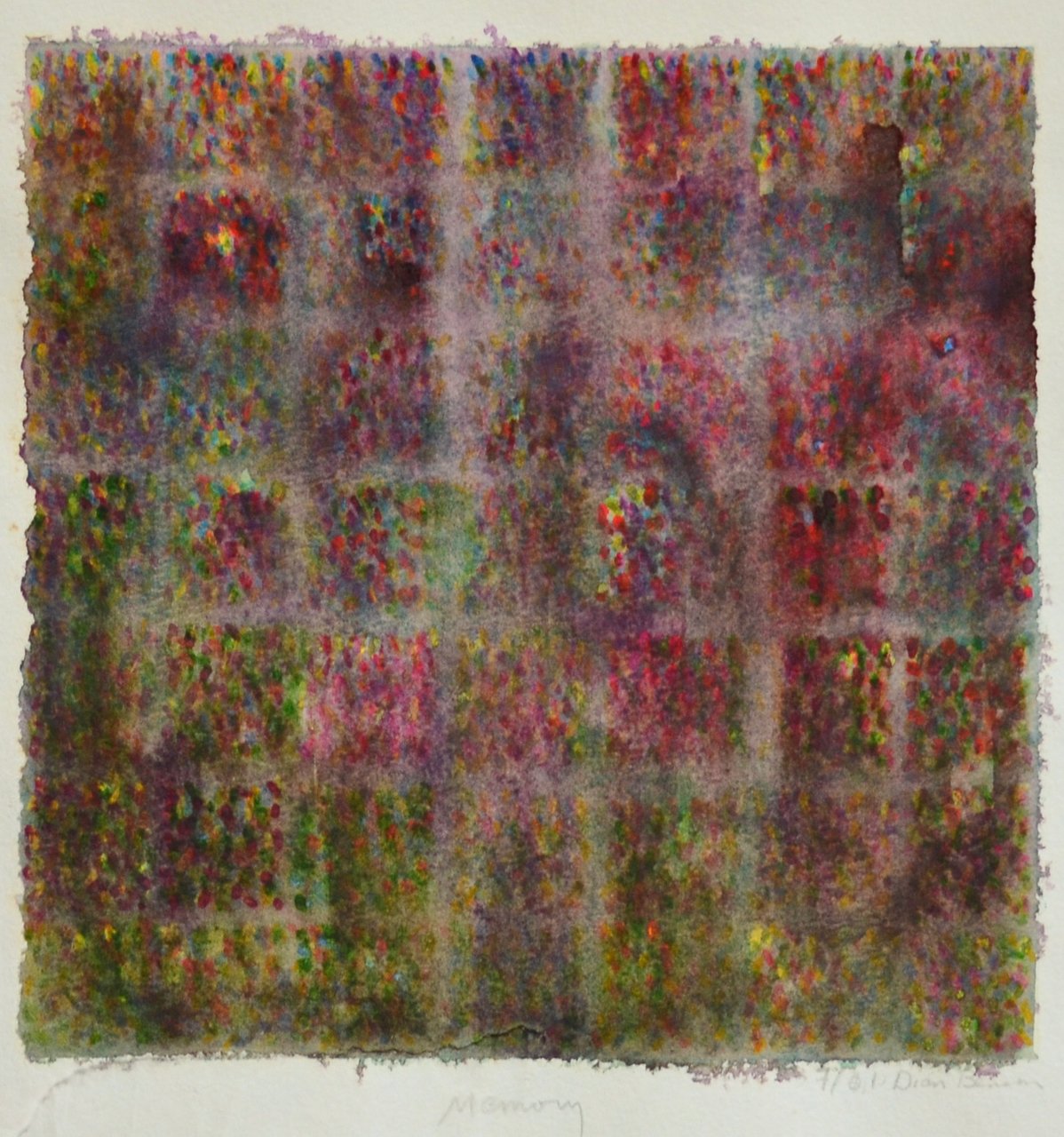 Memory; Small Watercolor. Tiny Watercolor details bleed into muted tones of mauve and green, subtly separated into a psuedo-grid. 2001