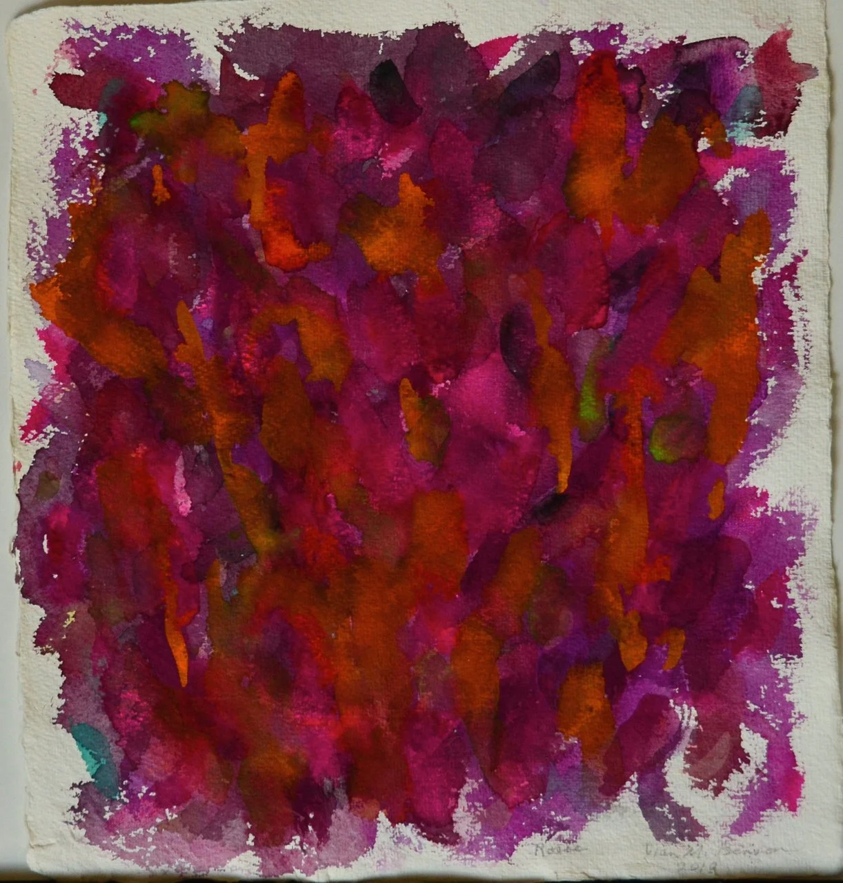 A petite watercolor on textured paper with bleeding pink and magenta layered with bright oranges and touches of green.