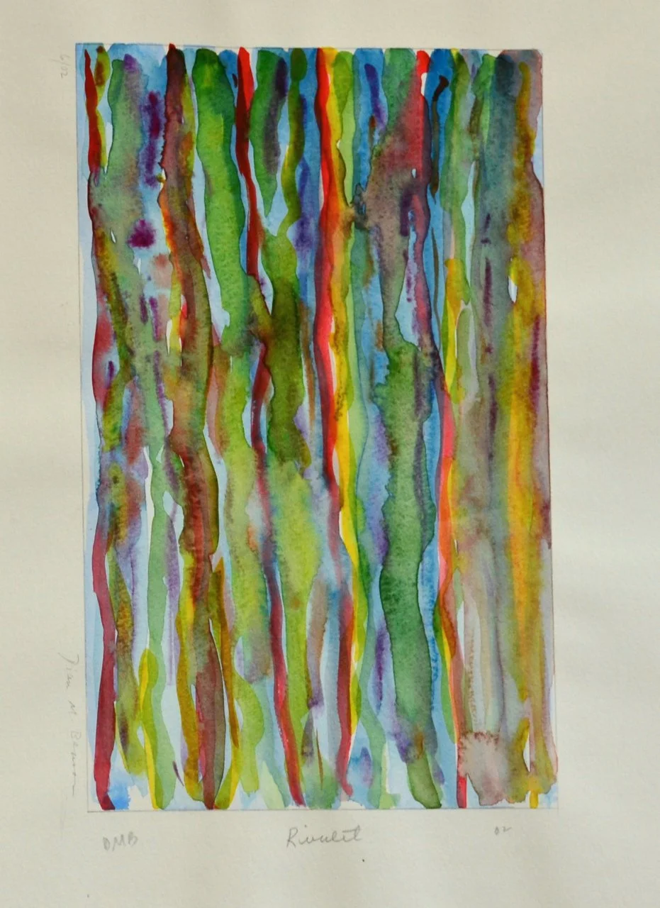 Rivulet; Small Watercolor. Ribbons of paint bleed into eachother and run in wavering lines along the length of the paper. 2002.
