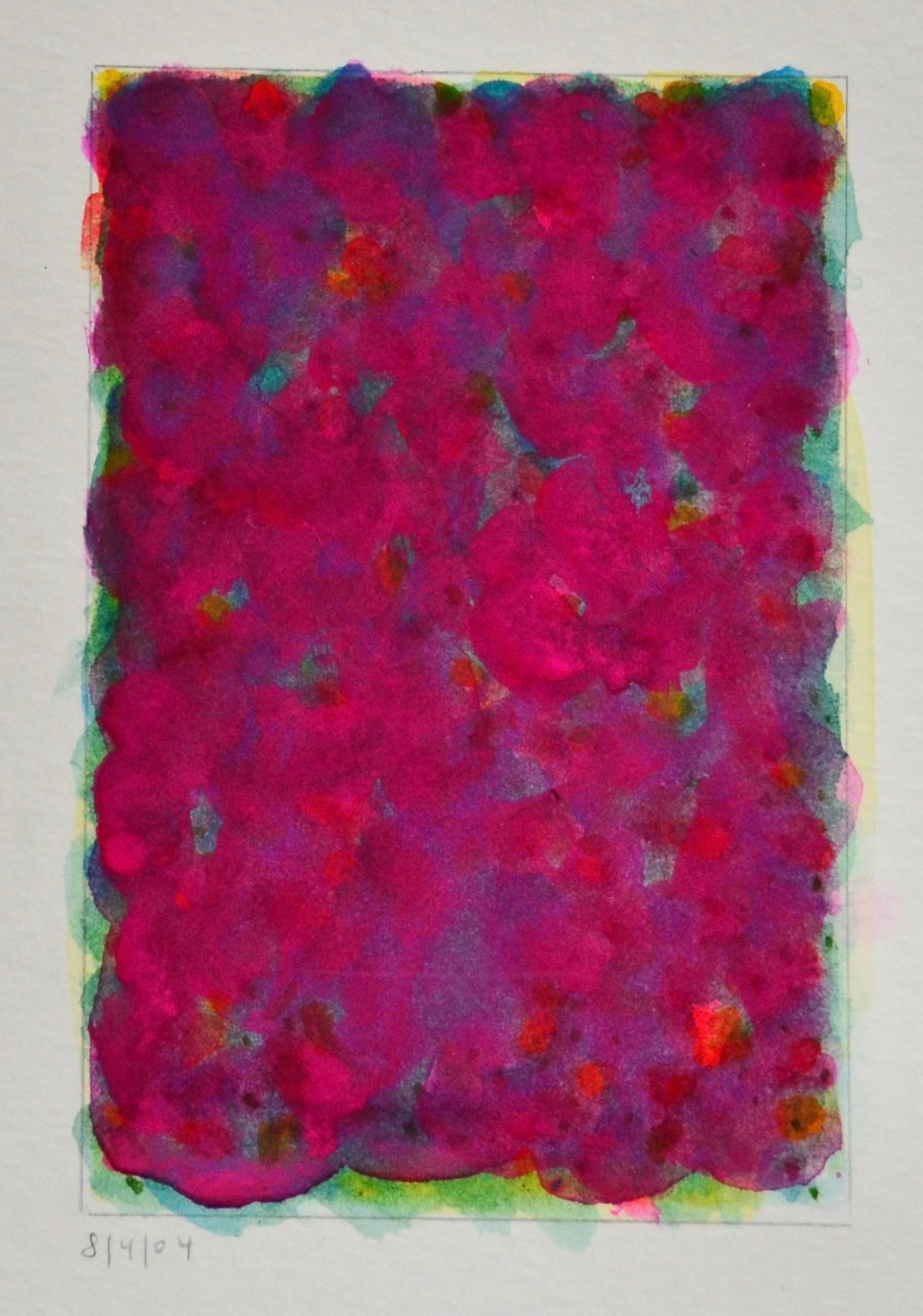 A petite watercolor with deeply saturated magenta bleeding over green and aqua shades.