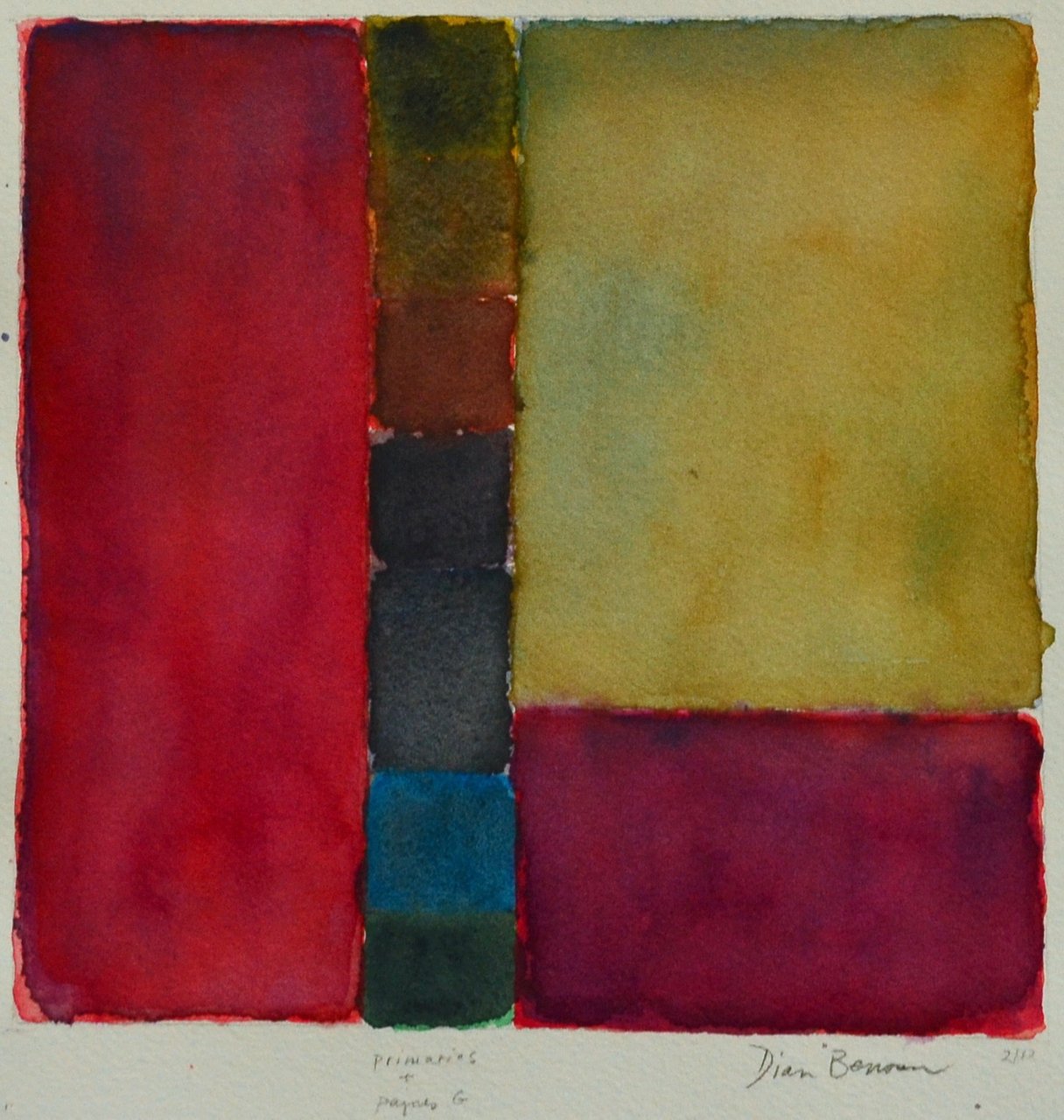 Watercolors blend in dimensional shades in this abstract grid; each sdquare and rectangle featuring different richly blended tones.