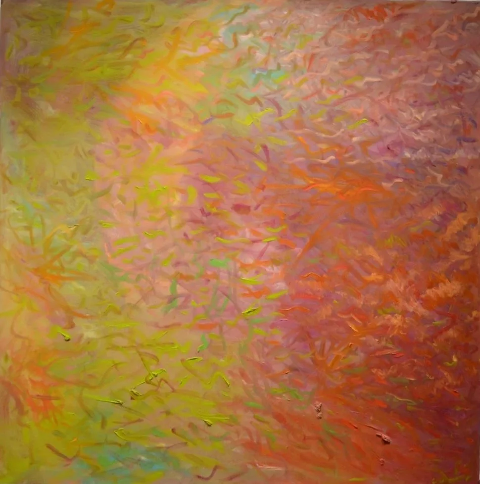 Abstract Oil Painting with layered light mauves bright chartruese and deeply saturated orange and red. Textural brush stokes create movement and depth in this painting.