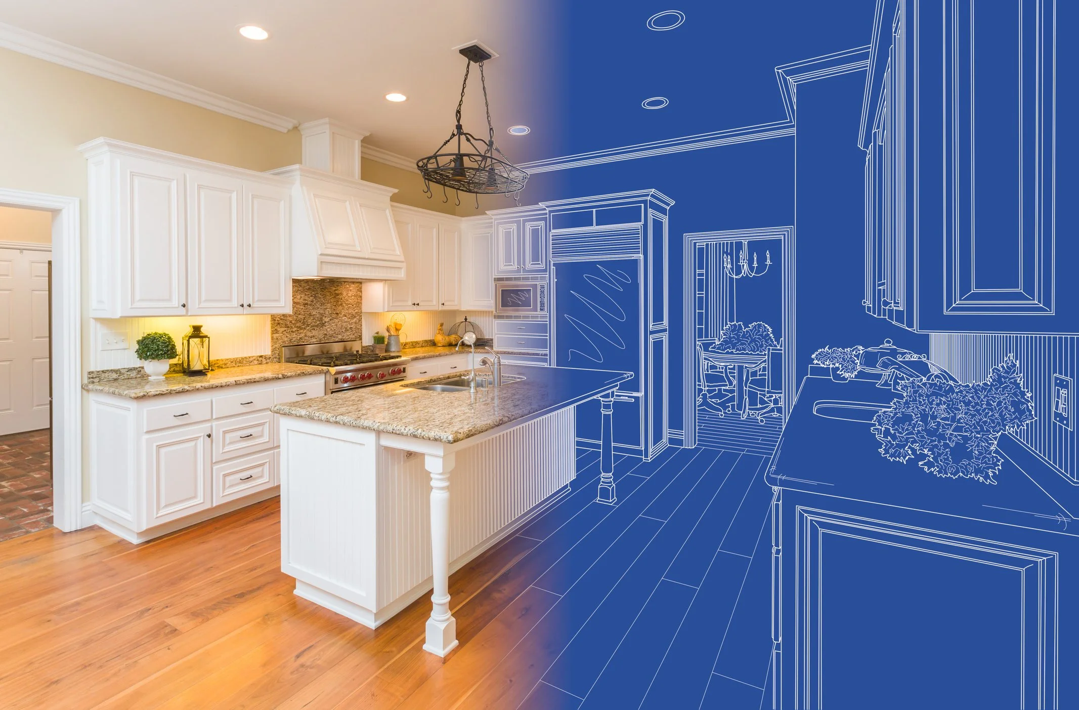 Half of a bright kitchen with white cabinets, granite countertops, and wooden floors, blending into a blue blueprint-style drawing of the same room.