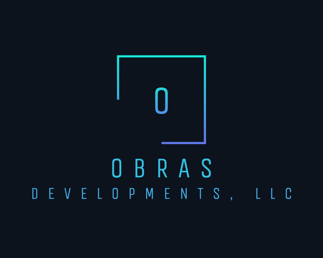 Logo for OBRA Development, LLC featuring a stylized square outline with a vertical line and oval inside, with the company name below in a gradient blue color on a dark background.