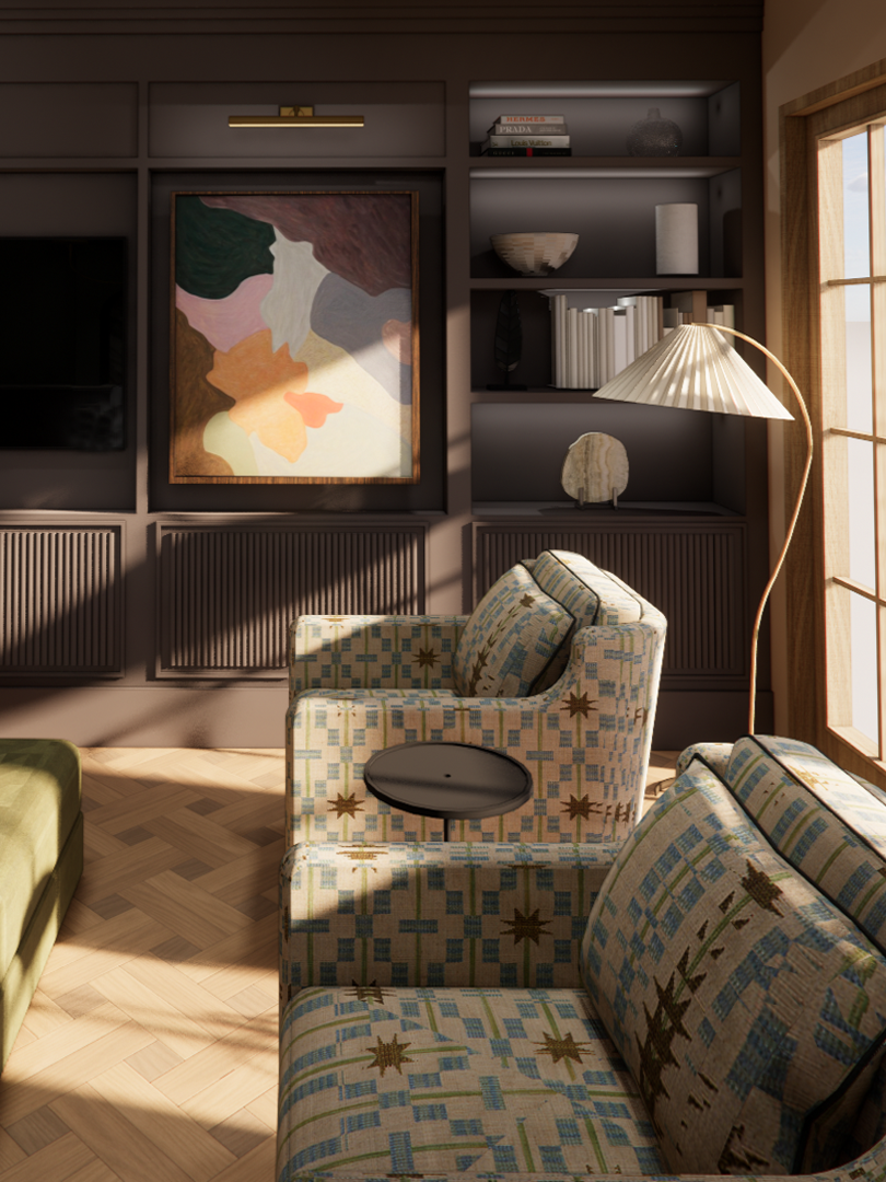 Living room with a dark gray wall featuring a large abstract painting. There are built-in shelves with books and decorative items. A window on the right allows sunlight into the room. Two patterned armchairs with star and geometric designs are in the foreground, one with a small round table attached to an armrest. A tall, curved floor lamp with a pleated shade stands next to the armchairs.