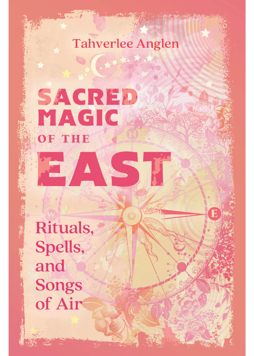 Book cover titled "Sacred Magic of the East" by Tahverlee Anglen, with pastel pink and cream background, featuring celestial and floral illustrations, a compass rose, and decorative stars.