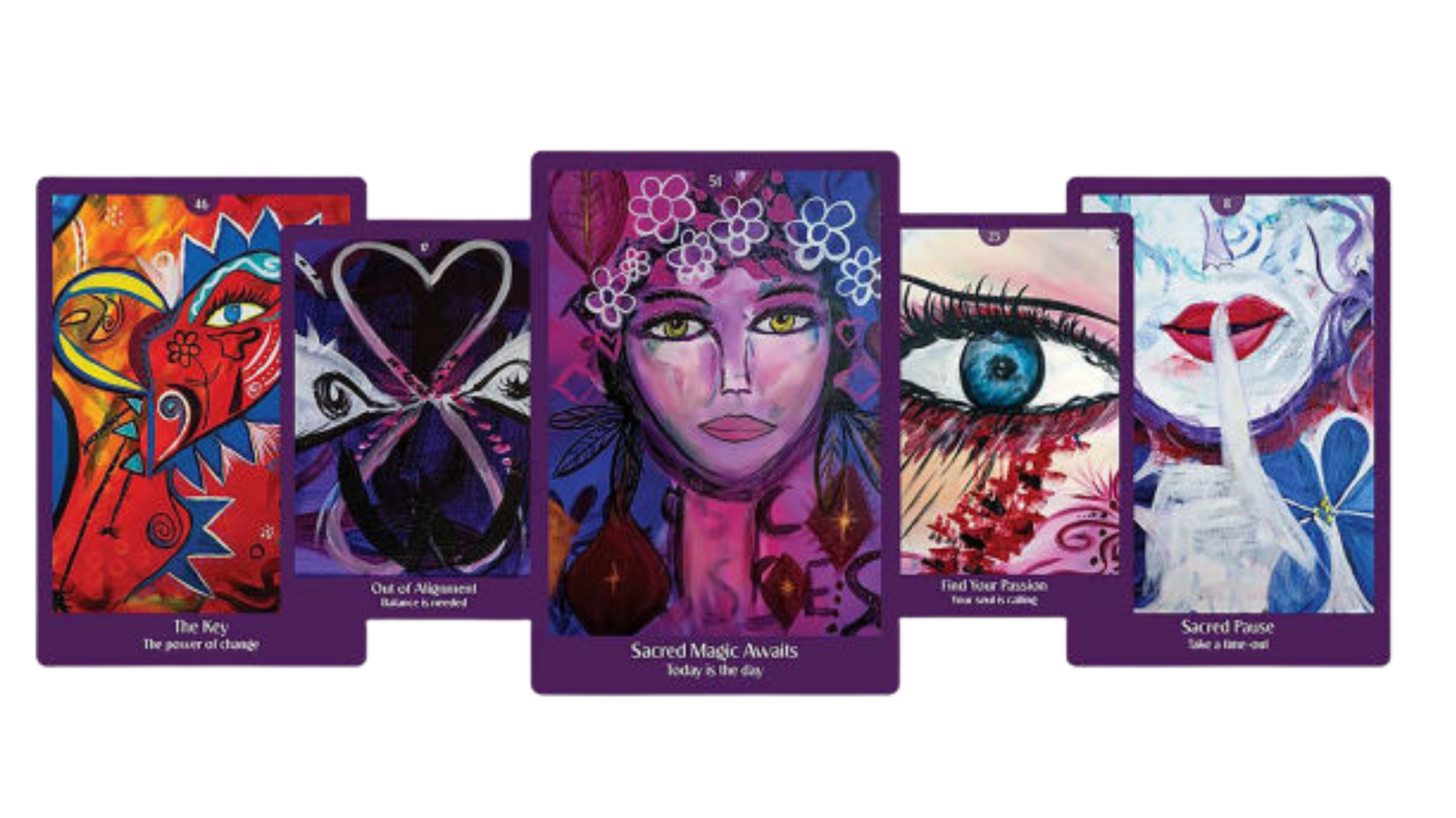 Five colorful cards with artistic and abstract illustrations, each with a different theme and title, including a heart with wings, a face with flowers, a detailed eye, a woman’s face with closed eyes, and a lady with long hair and lips.