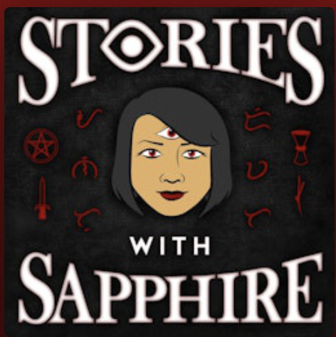 Logo for 'Stories with Sapphire' featuring a cartoon woman's face with black hair, red eyes, and a third eye, surrounded by red symbols on a black background.