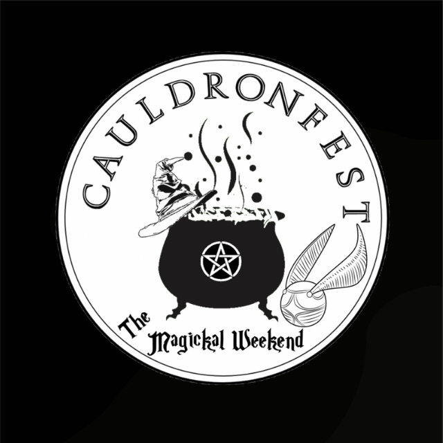 A circular logo with the text "CAUI DRONEES T" around the top, featuring a witch stirring a cauldron with a pentagram symbol, a magic wand, and a scroll, with the tagline "The Magickal Weekend" at the bottom.