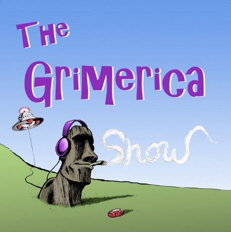 Cartoon dog wearing purple headphones on a grassy hill with a flying saucer and a laser beam in the background, and the text 'The GriMerica Show' in purple and white on a blue sky.