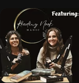 Two women smiling and holding magic wands in front of a black backdrop with moon graphic and text 'Keadings Moon MAGIC'.