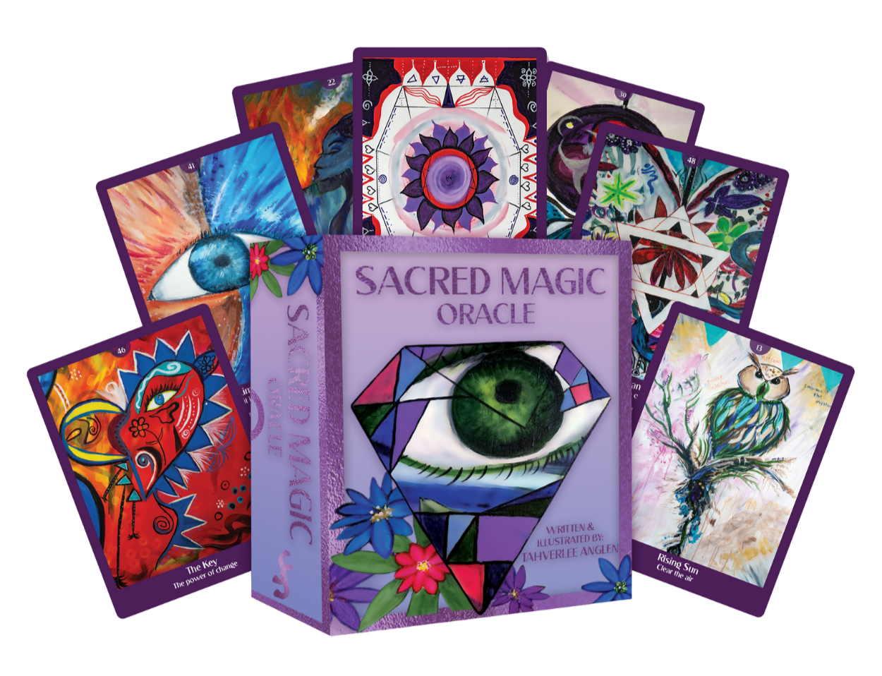 A deck of Sacred Magic Oracle cards fanned out around a book titled "Sacred Magic Oracle" with artwork of a green eye and colorful flowers on the cover.