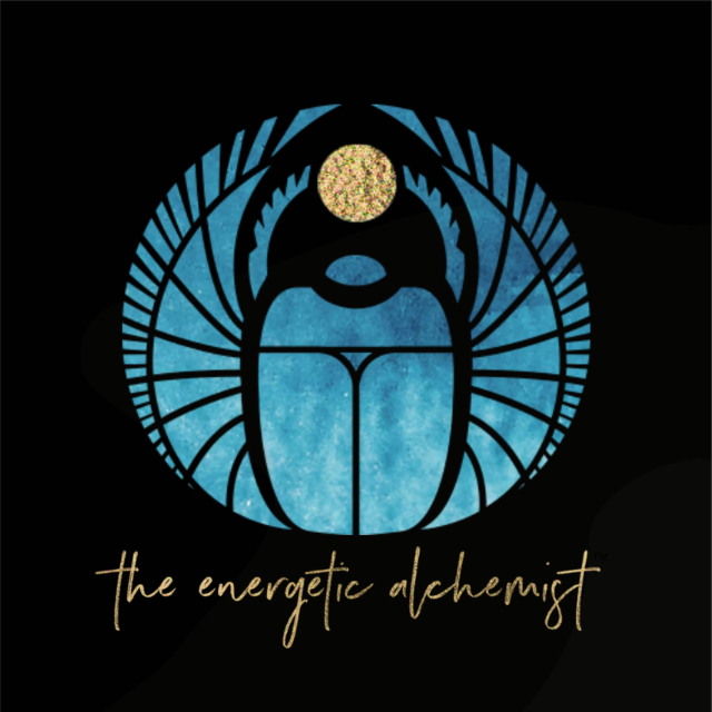 A stylized illustration of a bee with a circular gold element above its head, surrounded by a geometric blue background, with the phrase 'the energetic alchemist' written beneath in cursive.