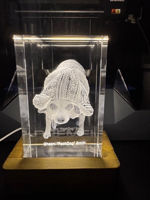 A glass sculpture of a dog wearing a hoodie, displayed on a wooden base with LED lighting, with text indicating the creator as Hazel 'PoohDog' Smith.