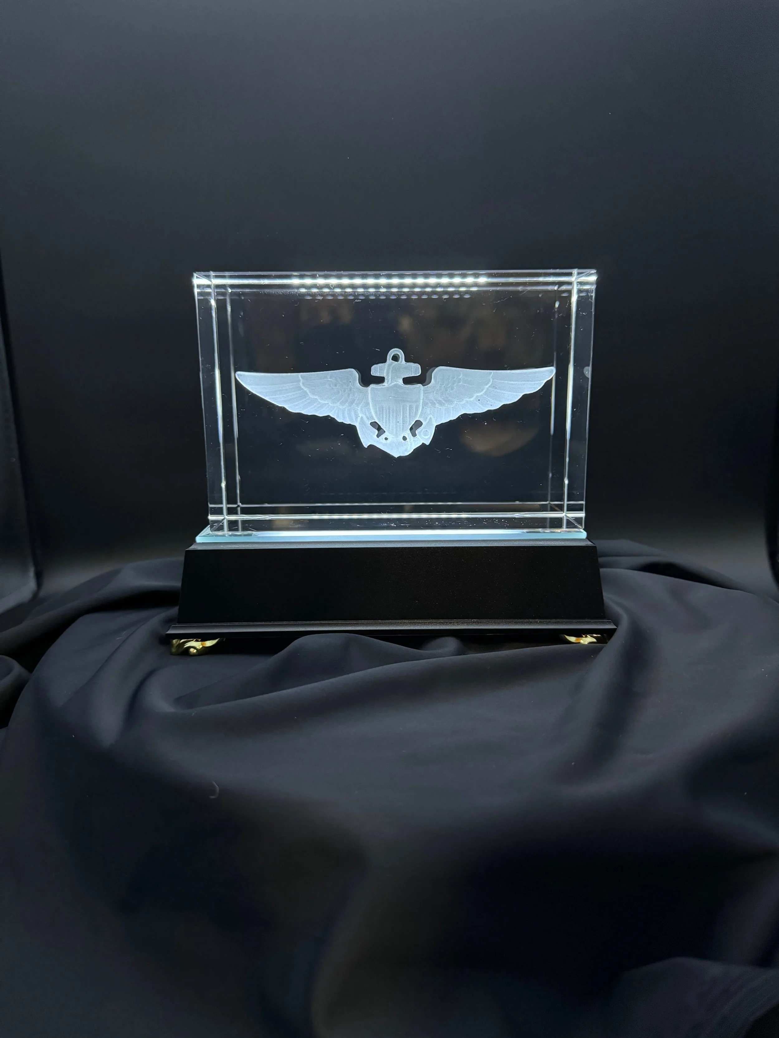 A clear acrylic block with an engraved design of a flying animal, possibly a bird, on a black base.