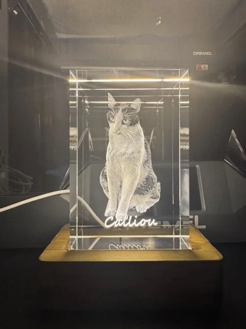 A transparent acrylic block with an etched image of a calico cat sitting, illuminated from below, on a wooden base.
