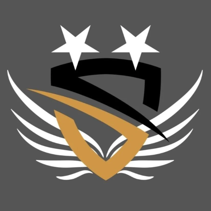 PromilleoGlass Logo in Gray, Black, White and Yellow (or silver and Gold) featuring two stars, wings and shield in tribute to Professional Athletes, Military, and Law Enforcement Officers (POR - MILL - LEO) as well as First Respondersa nd EMS.