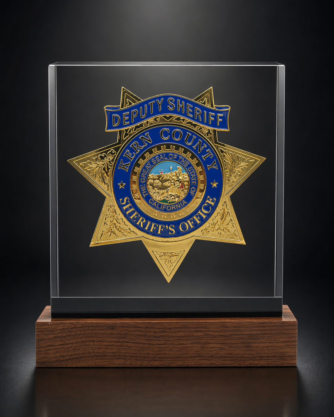 PromilleoGlass BallistiGlass monument featuring a Kern County Sheriff’s Office deputy sheriff badge displayed in clear glass on a walnut wood base.