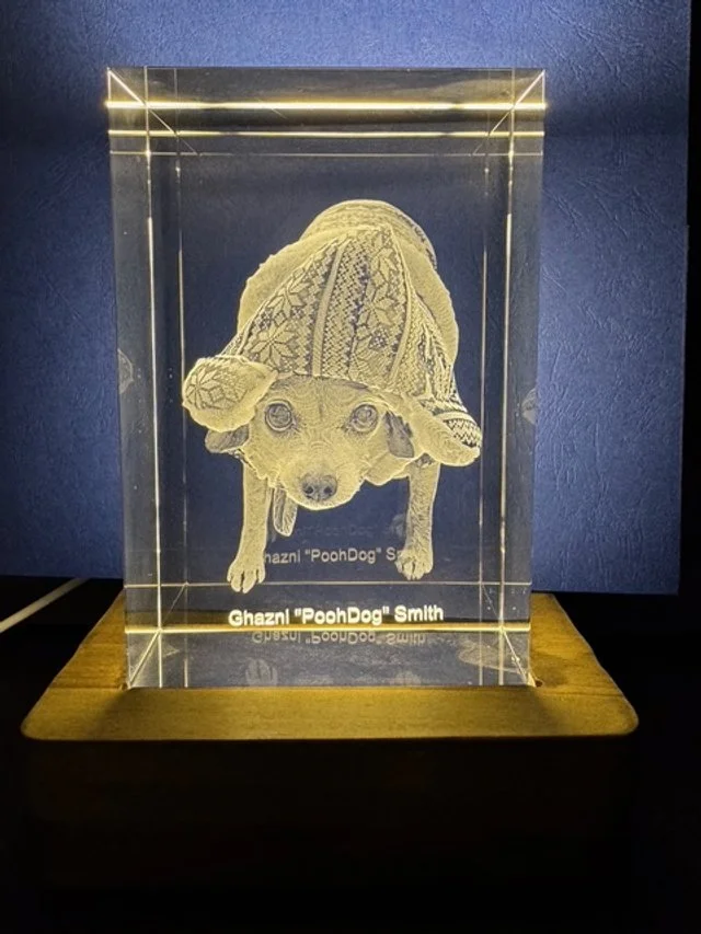 A glass block sculpture of a dog wearing a knit hat and sweater, placed on a wooden base with a blue wall behind it.