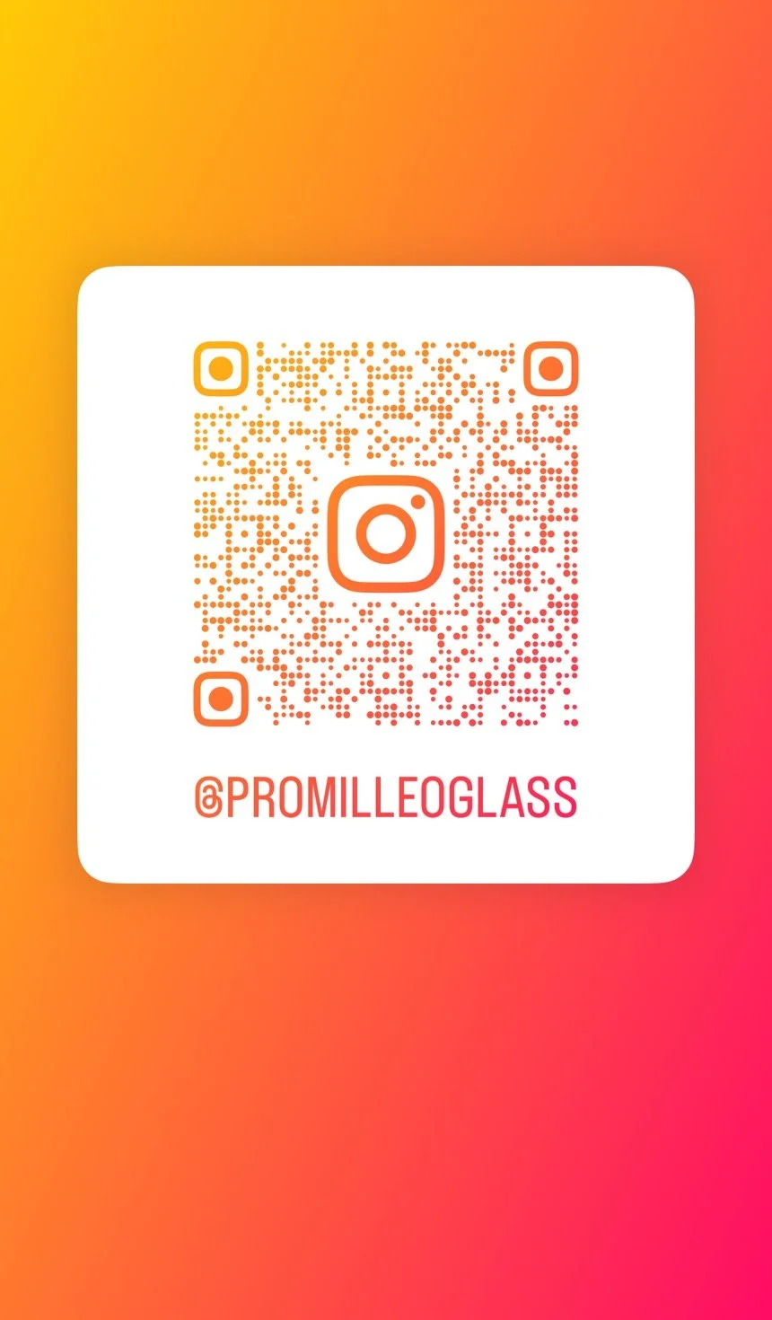 Instagram QR code with the handle @PROMILLEGGLASS displayed below, set against a colorful gradient background.