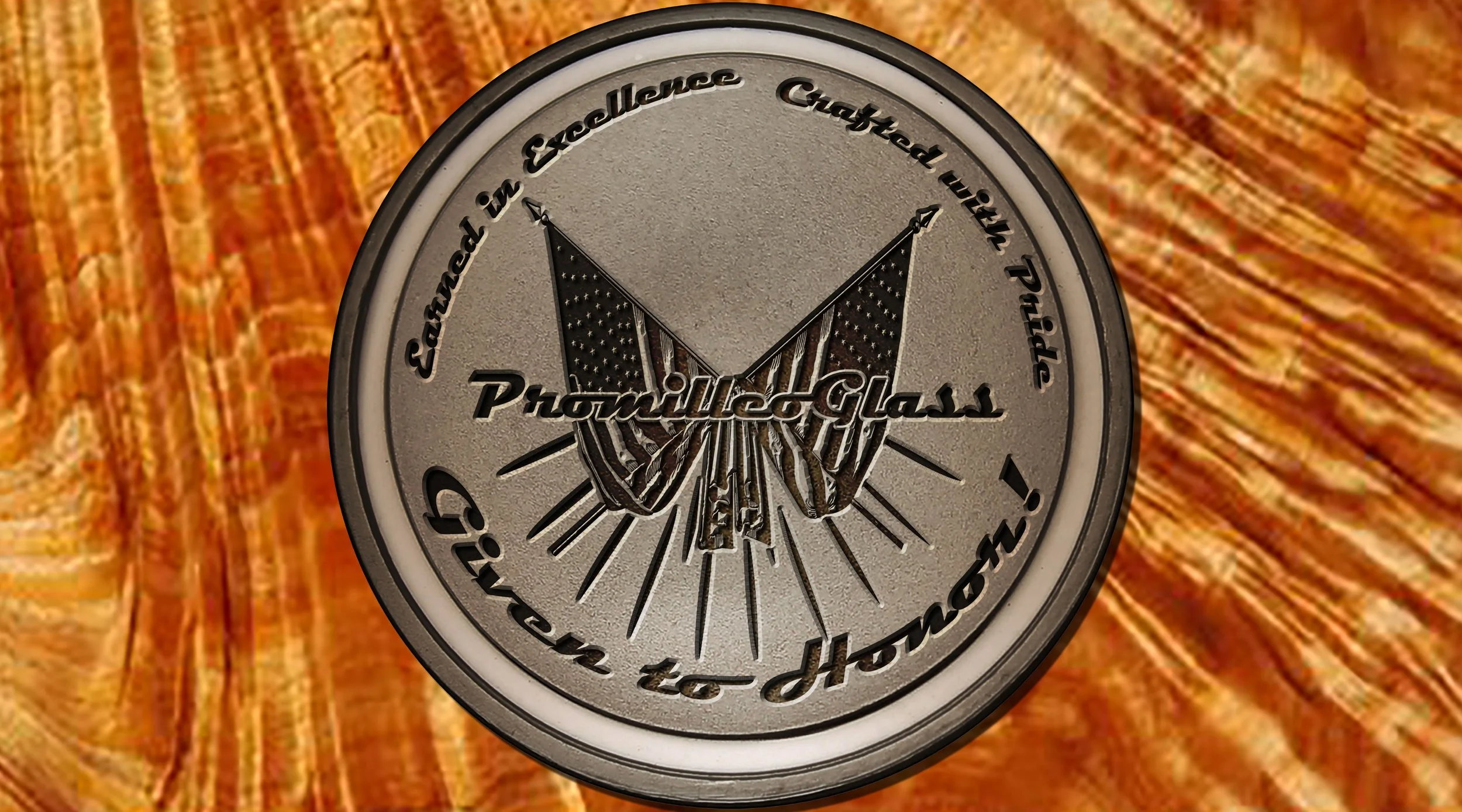 Round sign with a butterfly and the words "Photiller Glass" in stylized text. Surrounding the butterfly are the phrases "Carved in a crafted manner" and "Designed, crafted, and built." The background appears to be a wood surface with a natural grain pattern.