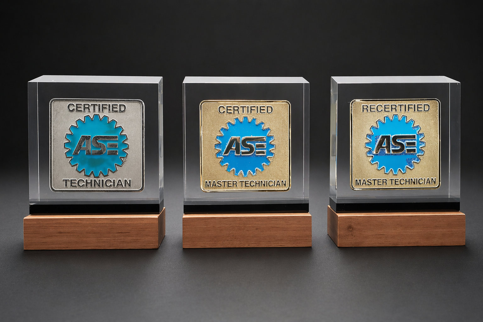 Three ASE badges in glass cases with wooden bases, labeled as Technician, Master Technician, and Recertified Master Technician.