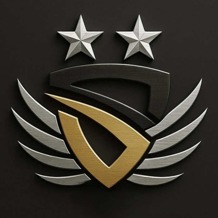 Two silver stars above a black, gold, and silver emblem with wings on a black background.