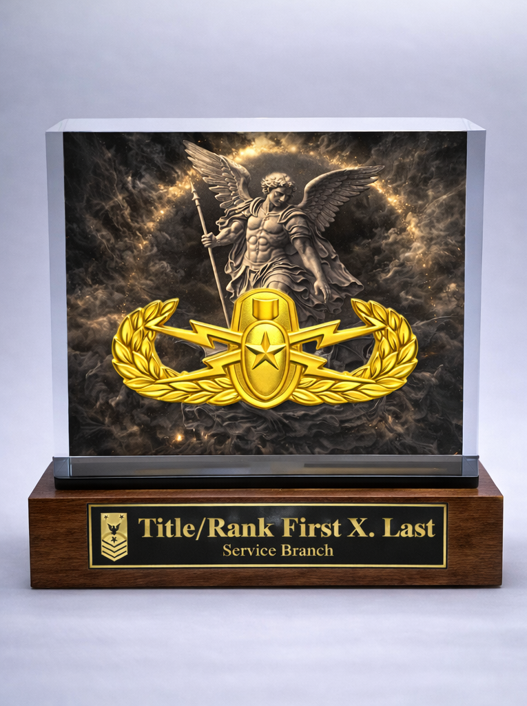 PromilleoGlass HaloGlass Monuments(TM), Medium.  Custom Replica Surface Mounted  and 3D Images Engraved in Crystal Glass with Wood LED light base and Brass Accents