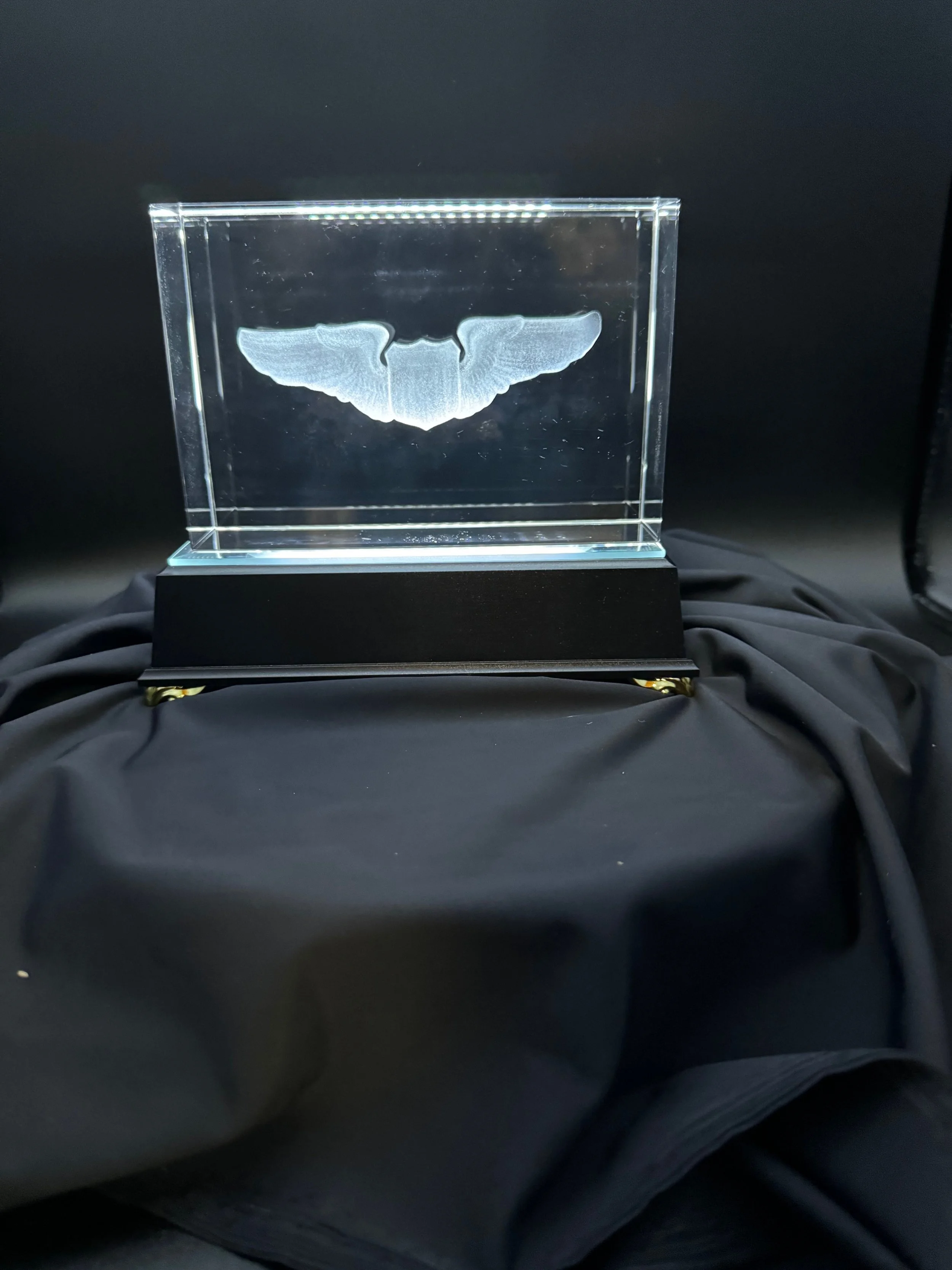 A glass display case with a carved butterfly-shaped design inside, resting on a black stand, placed on a black fabric surface against a dark background.